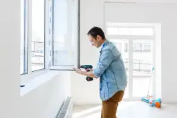 Mężczyzna montuje okno, co może pomóc oszacować, ile kosztuje wstawienie okna.