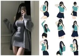 Kobieta robi selfie w lustrze, zasłaniając twarz telefonem. Obok ilustracje różnych póz do zdjęć.