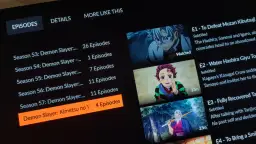 Widok listy odcinków anime Demon Slayer: Kimetsu no Yaiba. Widzimy, że ile sezonów ma Demon Slayer, a konkretnie sezon 57 z 4 odcinkami.