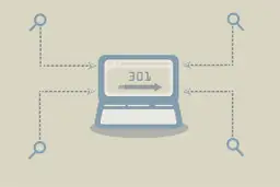 Laptop z ikoną lupy i strzałką wskazującą na "301" symbolizuje przekierowanie 302.