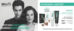 Para i produkty Biovax Trychologic: szampon, ampułki dla mężczyzn i kobiet.