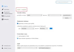 Ustawienia programu Thunderbird: zakładka "Język i wygląd". Wybierz język programu, aby zmienić język w przeglądarce Firefox.