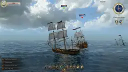 Bitwa morska w grze Age of Pirates 2. Trzy żaglowce na wzburzonym morzu, jeden tonie.