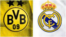 Loga Borussii Dortmund i Realu Madryt na tle koszulek.