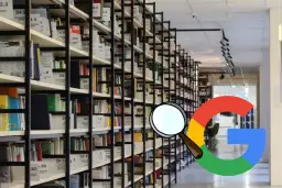 Biblioteka z książkami i logo Google. Lupa symbolizuje analizę **crawl budget**, czyli budżetu indeksowania stron przez wyszukiwarkę.