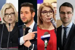 Cztery twarze europosłów z Polski: kobiety w okularach i czarnej marynarce, mężczyzna w garniturze, kobieta w czerwonej bluzce i mężczyzna w granatowym garniturze.