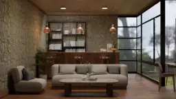 Przytulny salon z kamienną ścianą, gdzie oświetlenie kamienia dekoracyjnego tworzy ciepłą atmosferę. Wygodna sofa i fotel zapraszają do relaksu.