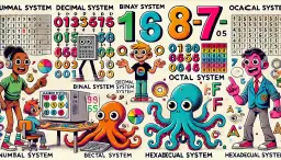 Kolorowa grafika edukacyjna o systemach liczbowych. Pokazuje, jak zamienić system dziesiętny na binarny, z postaciami i przykładami.