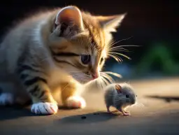 Mały kotek z zaciekawieniem obserwuje myszkę. Czy koty jedzą myszy? Ten maluch wygląda na zaintrygowanego, a nie głodnego.