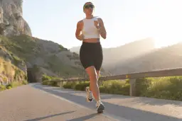 Kobieta biegnie po górskiej drodze, zastanawiając się, jak często biegać żeby schudnąć. Słońce zachodzi, tworząc piękne światło.