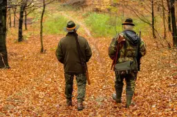 Dwóch myśliwych w kapeluszach i odzieży maskującej idzie przez jesienny las. Czy myśliwy może jeździć za szlaban do lasu?