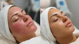 Porównanie twarzy przed i po zabiegu laserem frakcyjnym: zaczerwienienie i wygładzona skóra.