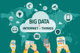Ilustracja przedstawia chmurę z napisem "BIG DATA & INTERNET of THINGS" otoczoną ikonami symbolizującymi technologię i dane.