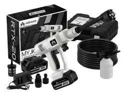 Zestaw myjki ciśnieniowej Abrams RTX-20 z akcesoriami: pistolet, wąż, akumulator, ładowarka, pojemnik na pianę.
