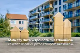 Drewniane klocki w kształcie domów symbolizują małą wspólnotę mieszkaniową. Przepisy dotyczące wspólnoty są kluczowe przed zakupem mieszkania.