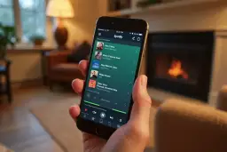 Dłoń trzyma smartfon z otwartą aplikacją Spotify, wyświetlającą listę utworów.