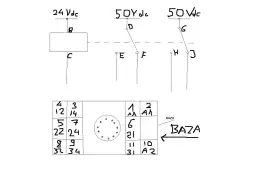 Schemat przedstawia oznaczenia styków przekaźnika, zasilanie 24 Vdc i 50 Vdc, oraz bazę z numeracją pinów.