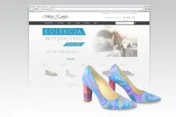 Para kolorowych czółenek na obcasie z wzorem zygzaków na stronie sklepu internetowego.