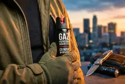 Dłoń w rękawiczce trzyma puszkę gazu pieprzowego na tle miasta.