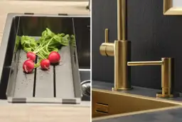 Nowoczesne akcesoria do zlewozmywaka: złota bateria i dozownik, a w komorze rzodkiewki na stalowej wkładce.