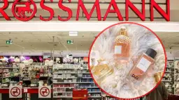 Logo Rossmann i trzy flakoniki perfum na białym tle.