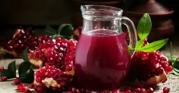 Dzbanek soku z granatów i rozkrojone granaty na drewnianym stole.