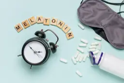 Budzik, maska na oczy i kapsułki z napisem "Melatonina" sugerują pytanie: czy melatonina jest bezpieczna?