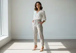 Eleganckie stylizacje dla niskich kobiet: biała bluzka kopertowa i spodnie w pionowe pasy optycznie wydłużają sylwetkę.