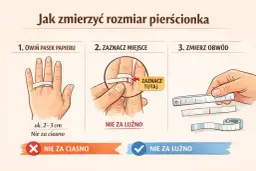 Ilustracja pokazuje 3 kroki mierzenia rozmiaru pierścionka: owinięcie paska papieru, zaznaczenie miejsca i zmierzenie obwodu.