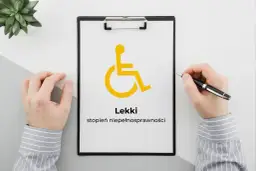 Na kartce widnieje symbol osoby na wózku inwalidzkim i napis "Lekki stopień niepełnosprawności".