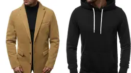 Mężczyzna w beżowym płaszczu i czarnej bluzie z kapturem.