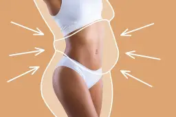 Sylwetka kobiety w bieliźnie z białymi strzałkami wskazującymi na zmiany.