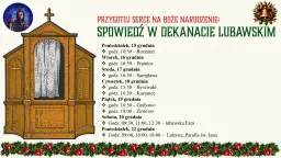 Drewniana konfesjonał z zasłoną, obok wizerunek Matki Boskiej i dzwonki.