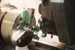 Precyzyjne toczenie CNC metalowego elementu na obracającym się wrzecionie.