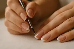 Dłonie z perfekcyjnym francuskim manicure, jedna trzyma pędzelek do zdobień.