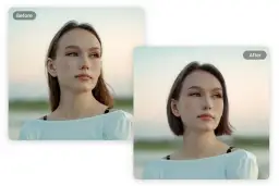 Przed i po: kobieta z długimi włosami i ta sama kobieta z krótkimi włosami. Zobacz, jak dobrać fryzurę aplikacja.