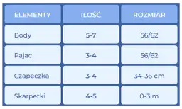 Tabela z elementami garderoby dla noworodka: body, pajacyki, czapeczki i skarpetki. Podane ilości i jaki rozmiar dla noworodka.
