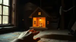Sennik małe dziecko dziewczynka w domku z lampką. Dłoń wyciąga się w stronę zawieszonej chatki.
