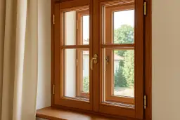 Piękne okna drewniane Wiktorczyk z mosiężnymi okuciami, widok na zielony ogród i dom.