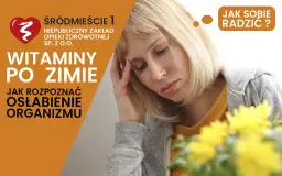 Kobieta z ręką na czole, obok napisu "Witaminy po zimie".