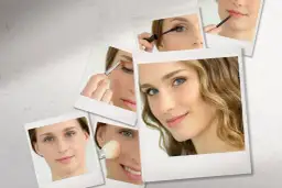 Collage von Frauen, die sich schminken: Augenbrauen, Wimperntusche, Lippen, Rouge.