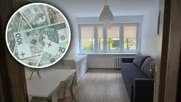 Stół, krzesła, kanapa i polskie banknoty 100 zł w okręgu.