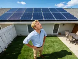 Mężczyzna w kratę patrzy na panele słoneczne na dachu domu.