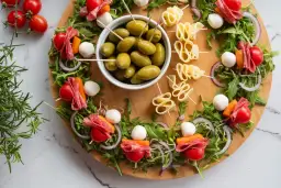 Kolorowe sałatki finger food na desce: szaszłyki z pomidorkami, mozzarellą, salami i warzywami, oliwki i ser.