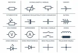 Tabela z podstawowymi symbole elektryczne: rezystor, potencjometr, ogniwo, fotorezystor, kondensator, bateria, woltomierz, amperomierz, przycisk, cewka, dioda świecąca, dioda prostownicza, brak połączenia, połączenie (węzeł).