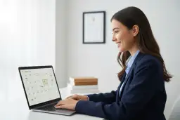 Uśmiechnięta kobieta planuje na laptopie ile dni urlopu po studiach, zaznaczając daty w kalendarzu.