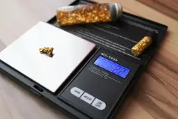 Złote płatki i samorodki na wadze jubilerskiej.