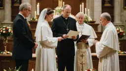 Para ślubna w kościele z księdzem i biskupem czytającymi dokumenty.