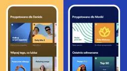 Dwa ekrany telefonu z interfejsem Spotify, prezentujące spersonalizowane playlisty dla Daniela i Moniki.