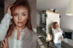 Piękna blondynka w białej koszuli podczas sesji zdjęciowej w domu. Pomysły na domowe fotografie.